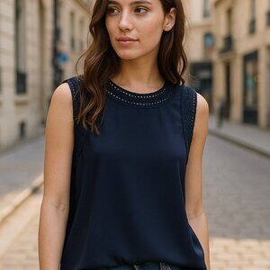 Elizabeth and James Blouse Womens Medium Silk Blue‎ Crochet Trim Sleeveless Work